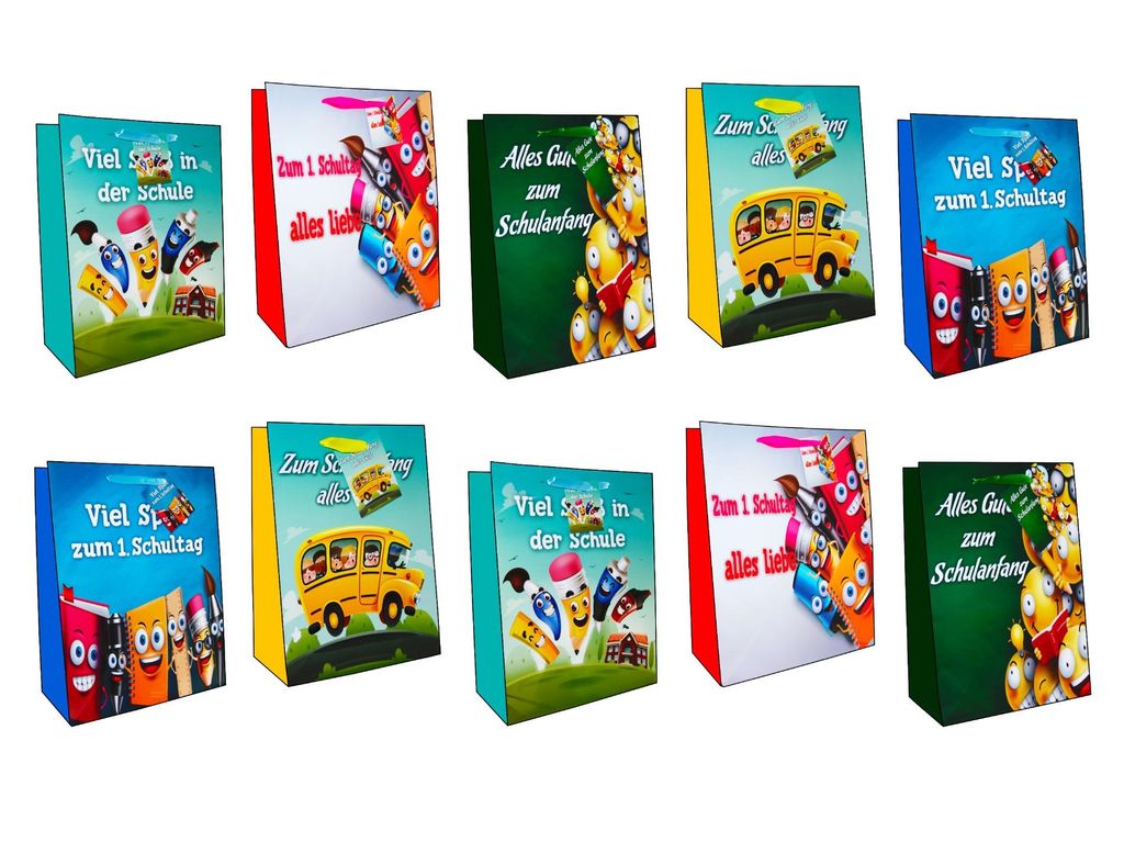 Schulanfang Geschenktaschen 10er Set Geschenktüten Einschulung Kind Schule Schulstart Medium 23 cm x 18 cm x 10 cm