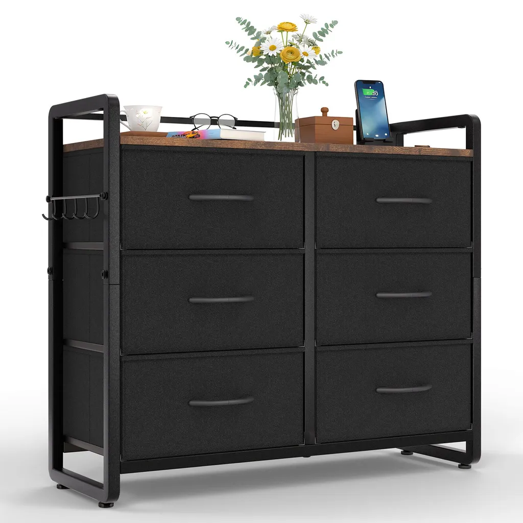 Commode HOKEEPER commode 6 tiroirs tissu et bois design industriel