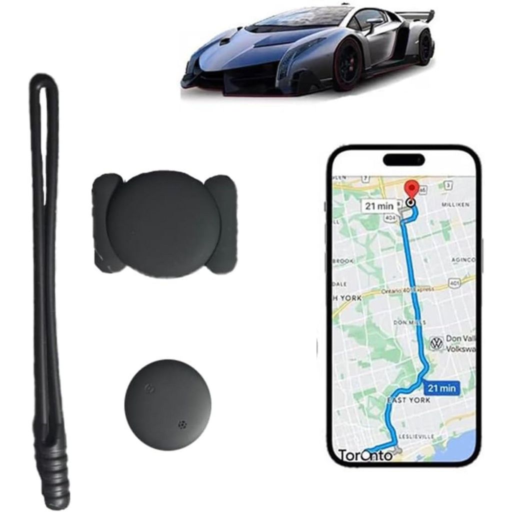 A collection of items including a toy car, GPS tracker components, and a smartphone displaying a navigation app.