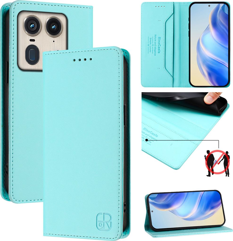 Lederhülle für Motorola Edge 50 Ultra/X50 Ultra Hülle Flip Brieftasche Kartenfächern Ständer Schutzhülle Türkis