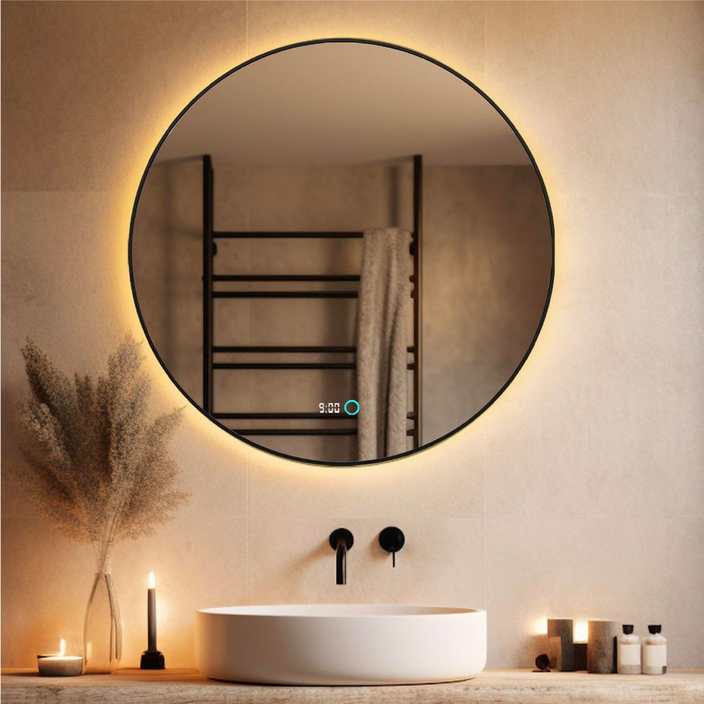 Lumoire Badspiegel mit beleuchtung – 60 cm Rund – Mit Anti-Beschlag & Digitaluhr – Matt Schwarz