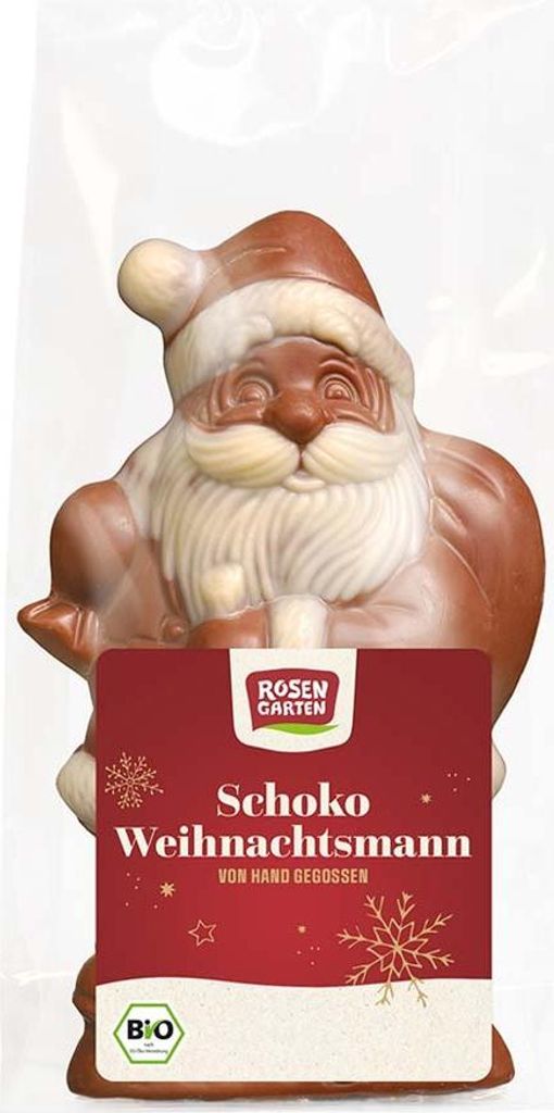 A chocolate Santa Claus figure with a red label in front of it.