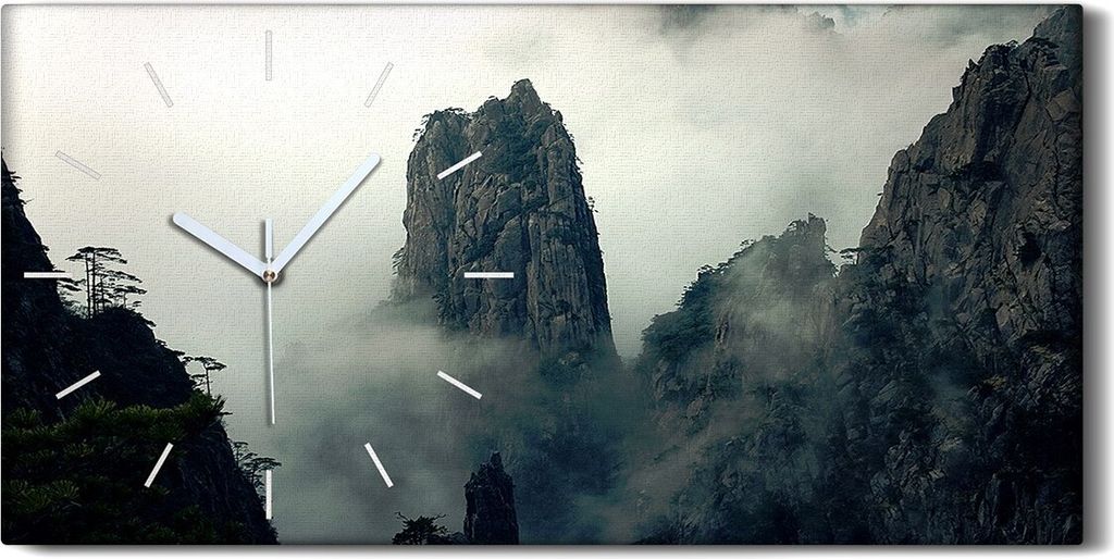 Wohnzimmer-Bild Leinwand Uhr 60x30 Malerei Berge Nebel Bäume Wolken Kunst - weiße Hände