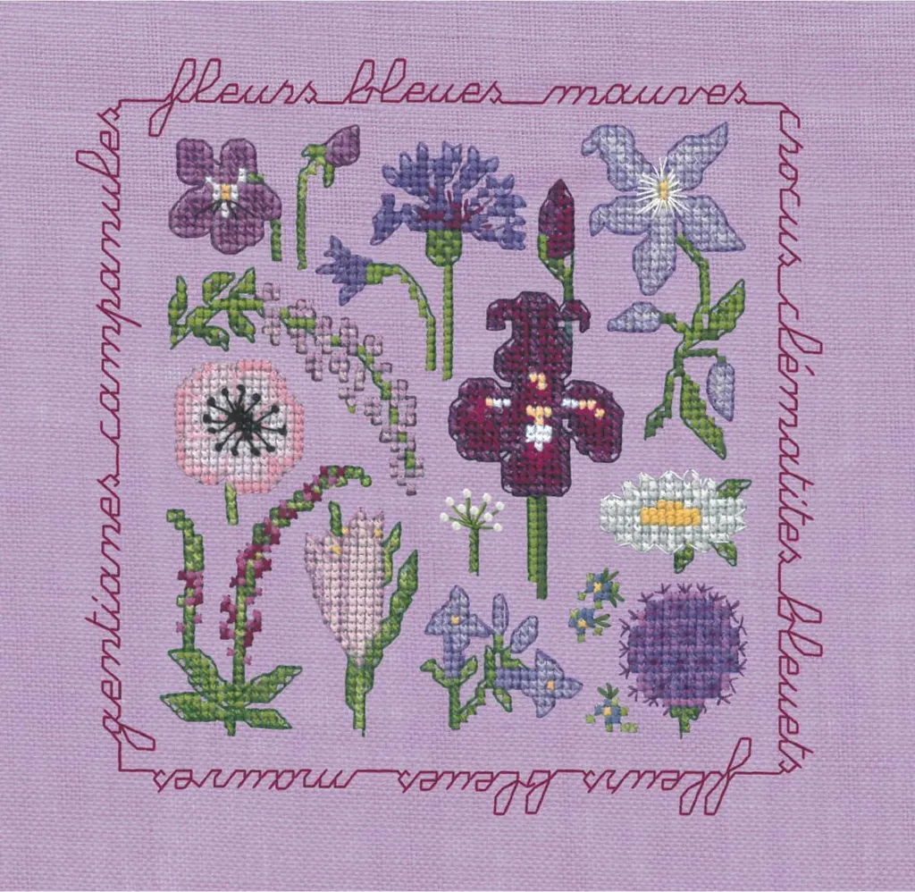 Ricamo Fai da Te Fiori Viola e Blu Le Bonheur des Dames 13x14cm
