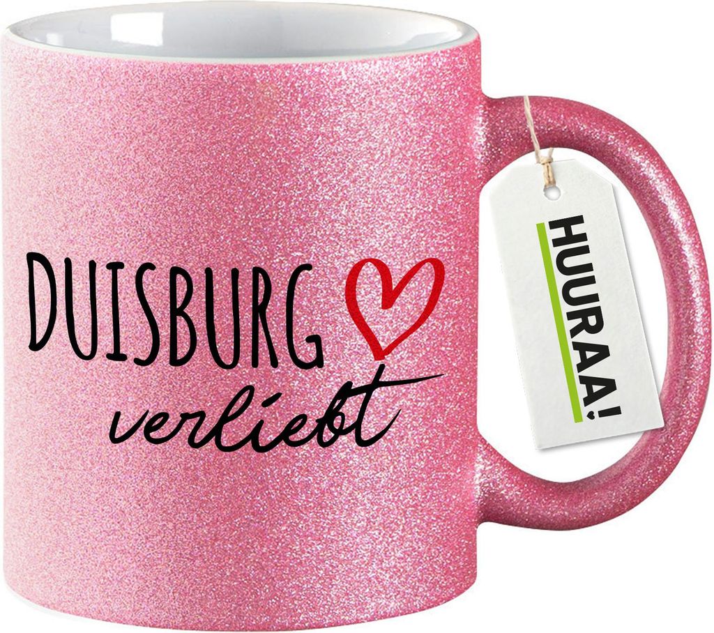 Huuraa Glitzertasse Duisburg verliebt 330ml Pink Keramik Kaffeebecher Geschenkidee
