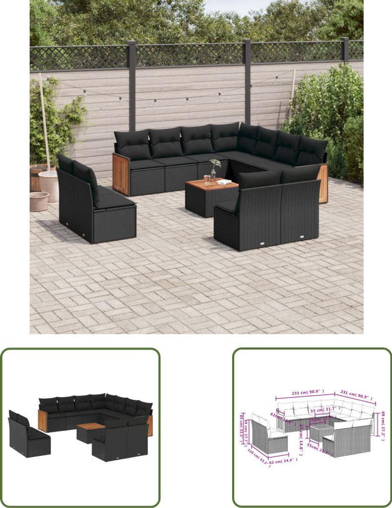The Living Store 12-tlg. Garten-Sofagarnitur mit Kissen Schwarz Poly Rattan
