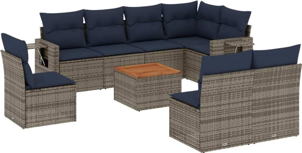 9-teiliges Gartensofa-Set mit Kissen, grau, Polyrattan