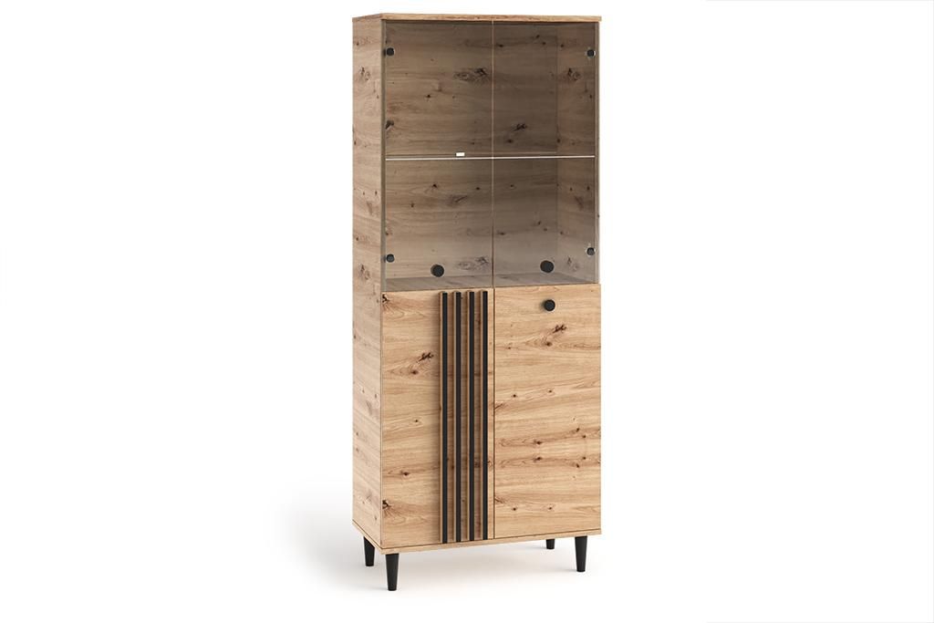 Vitrine LUNA III Eiche Artisan, Vitrinenschrank mit 2 Glastüren und 2 Türen, Wohnzimmerschrank mit schwarzer Lamellenfront, Modernes Möbel