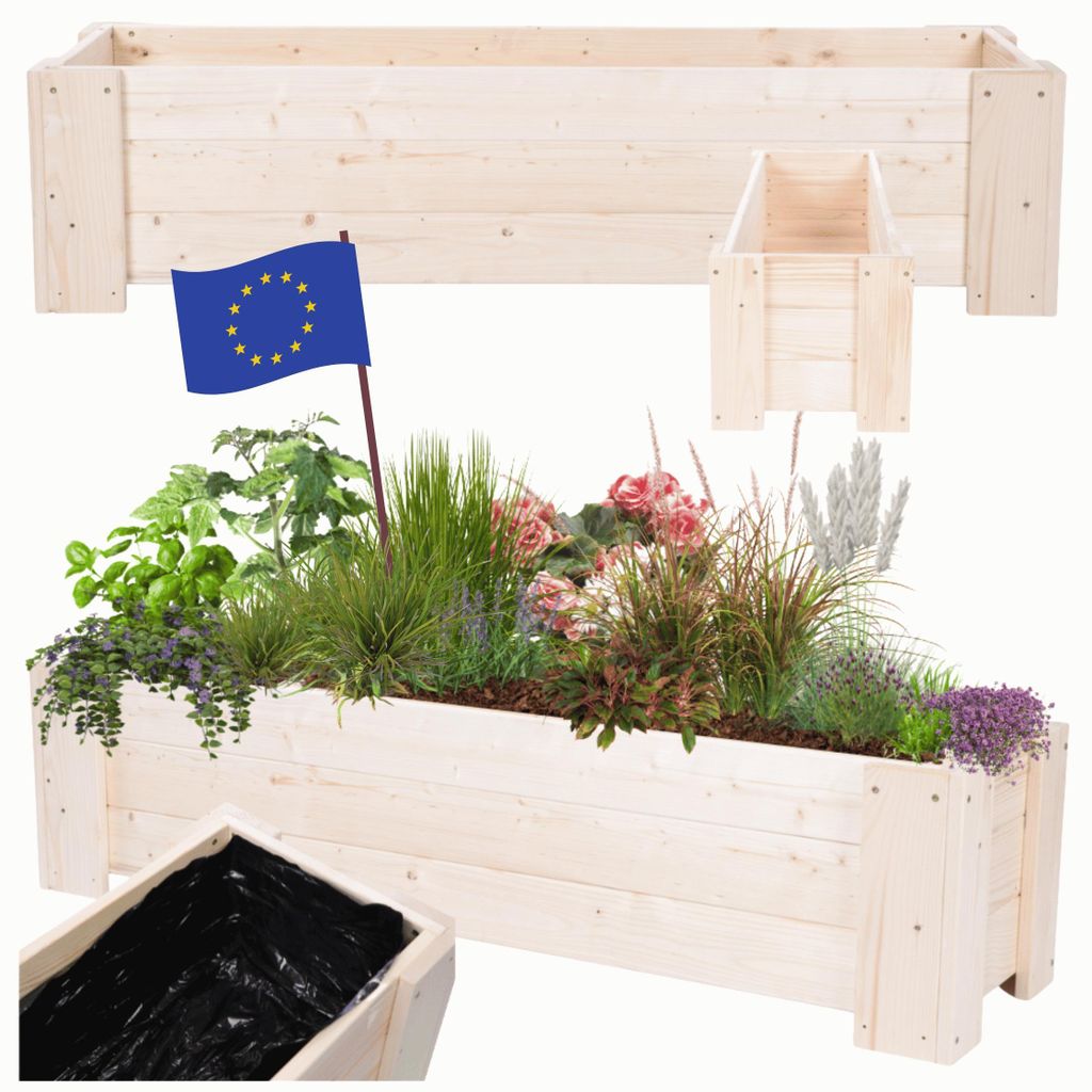 MODO24 Pflanzkübel Holz, Pflanzkasten, Blumenkasten, Kiefer, Schutzfolie, Wetterfest, Balkon, Garten, 30x137x33 cm, Natur Imprägniert, RDZP