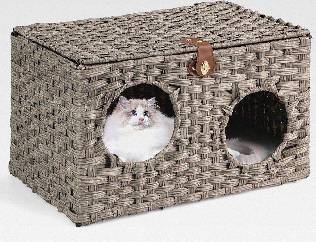 Katzenhaus aus PE-Rattan, Klappbar, Katzenbett mit abnehmbaren Kissen & abschließbarer Deckel, Katzenschrank für kleine mittlere Katzen, Indoor K...