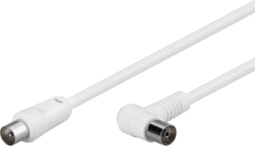 Goobay 67359 Gewinkeltes Antennenkabel (80 dB), 2x geschirmt, 1.5 m, Weiß - Koax-Stecker > Koax-Buchse 90° (vollständig geschirmt)