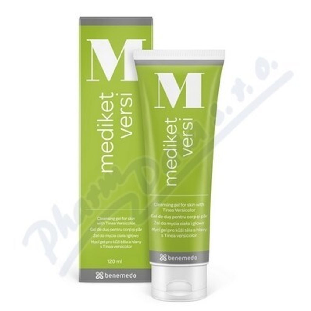 A product shot of a green tube of Mediket Versi cleansing gel next to its packaging.