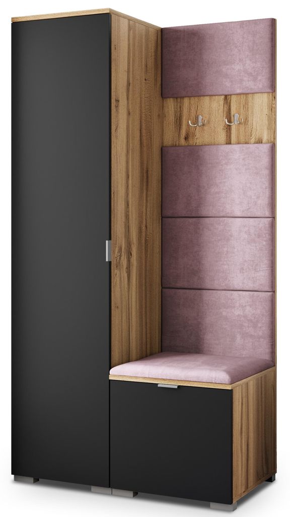 Masseno Garderobe-Set LORI 95/181/51 cm Modern Garderobenschrank Eiche Wotan, Veloursstoff MONOLITH 62 (Lila)