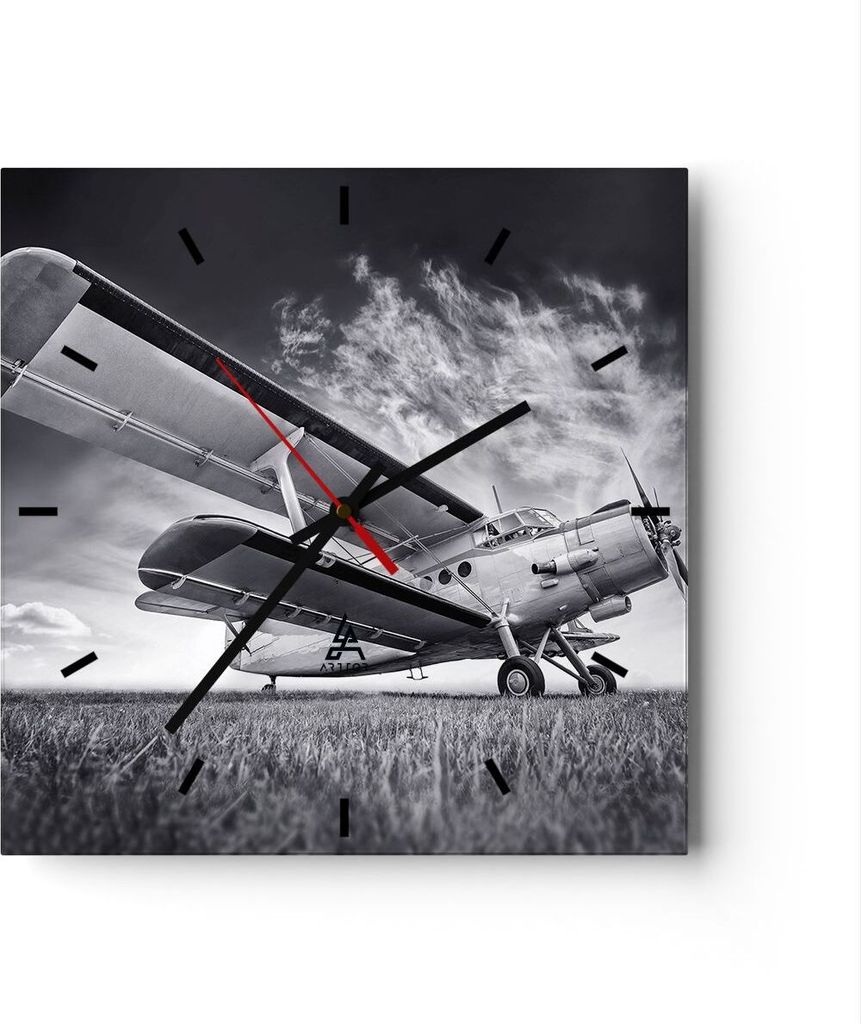 Wanduhr - Quadrat - Glasuhr - Flugzeug An-2 Schwarzweiß - Produktbild 