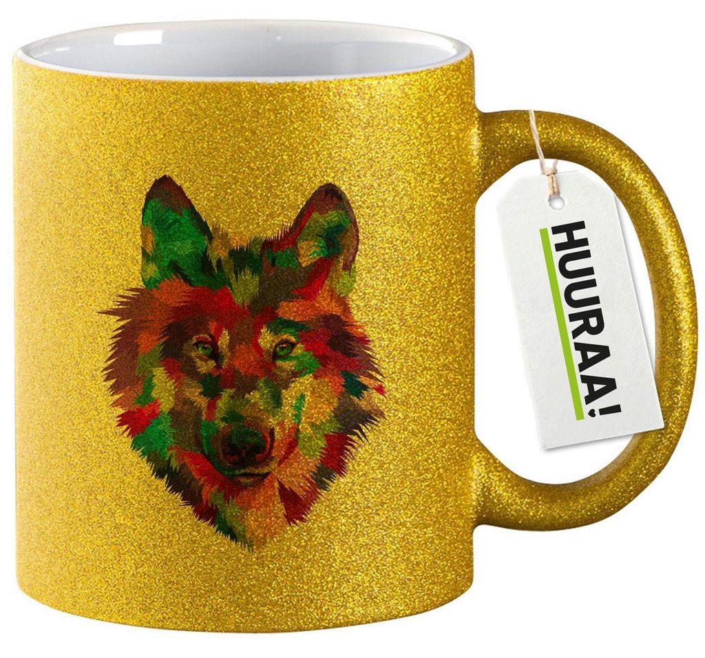 Huuraa Glitzertasse Wolf Colorful 330ml Gold Keramik Kaffeebecher Geschenkidee
