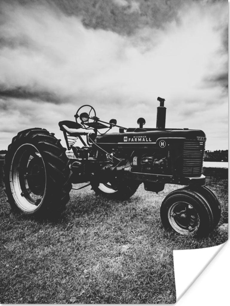 MuchoWow Poster Traktor - Schwarz - Weiß - Bauernhof - Vintage 90x120 cm - Wohnzimmer