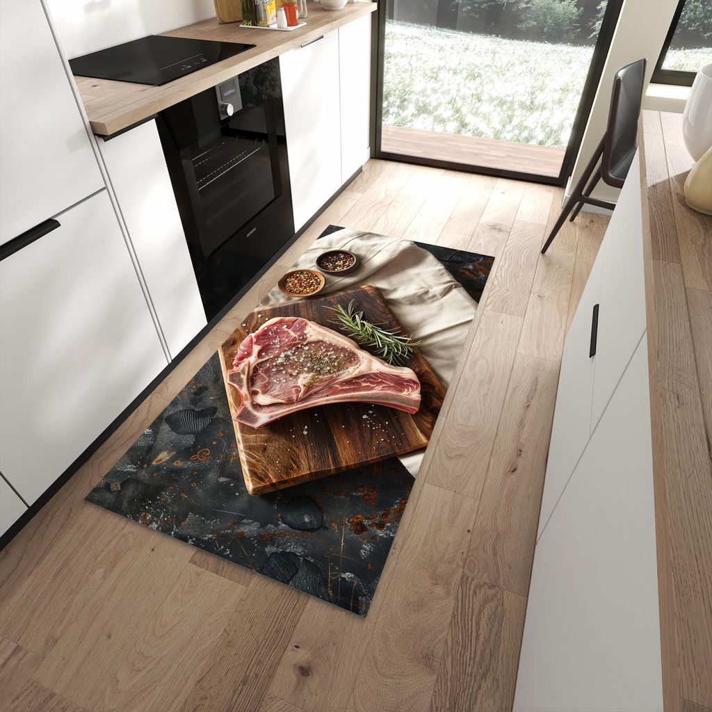 Küchenteppich 90x180cm rutschfest & abwischbar PVC Läufer - Steakauf Holzbrett