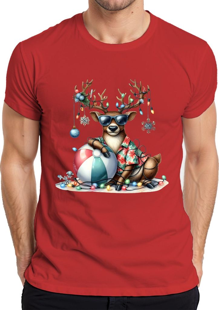 Weihnachtsrentier Sonnenbrille Hawaiihemd Strandball Lichterkette Herren T-Shirt, Rot, S
