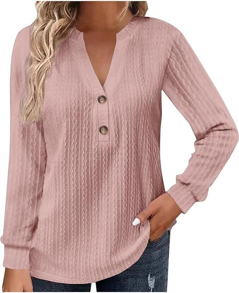 Damen geripptem Strick langärmelig Hemd mit Knopfleiste Blusen Damen V-Ausschnitt lange Ärmel, Button-Down-Oberteile T-Shirts