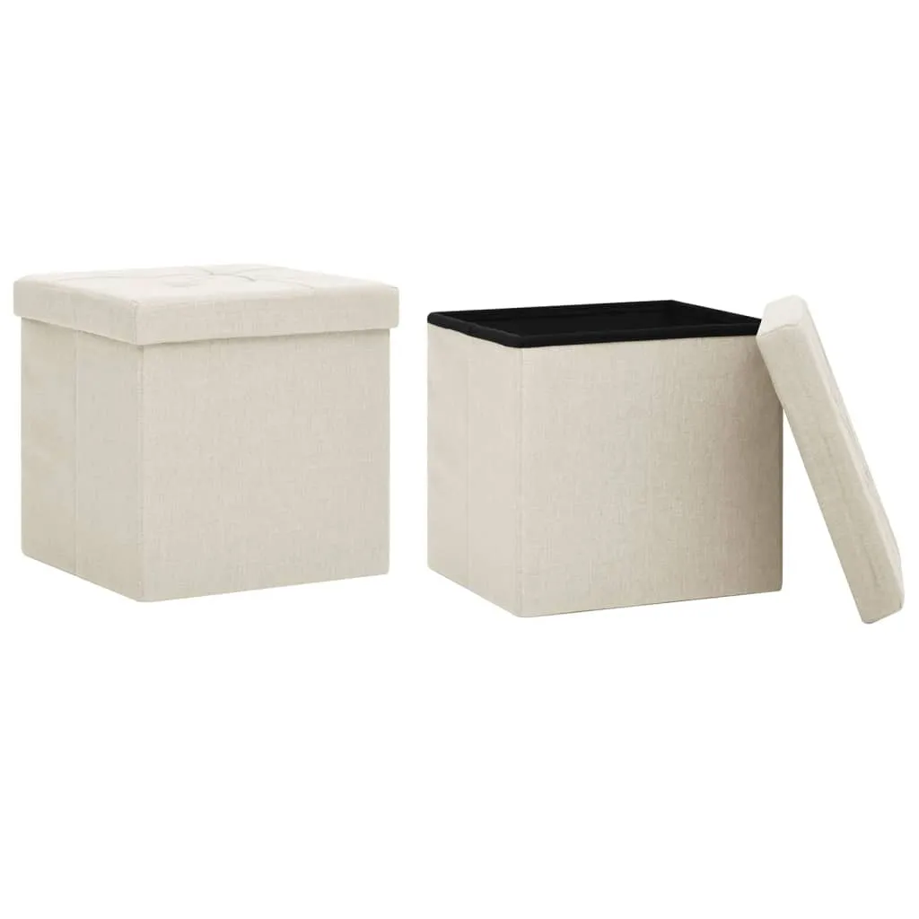 Tabouret rangement gain de place blanc crème aspect lin - Lot de 2 pcs