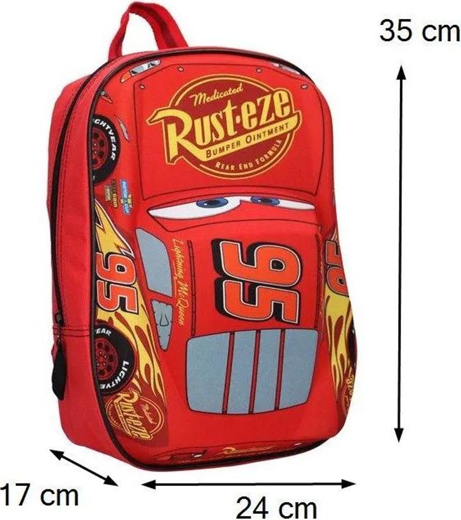 A red backpack with a Lightning McQueen design from the movie Cars.