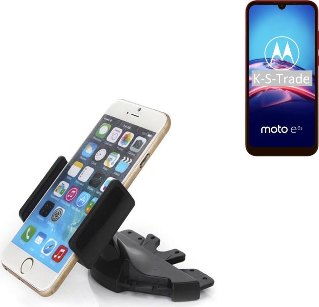 K-S-Trade CD Schlitz Halterung kompatibel mit Motorola E6s Autohalterung KFZ-Halter Radio Handy Halterung 360° drehbar schwarz