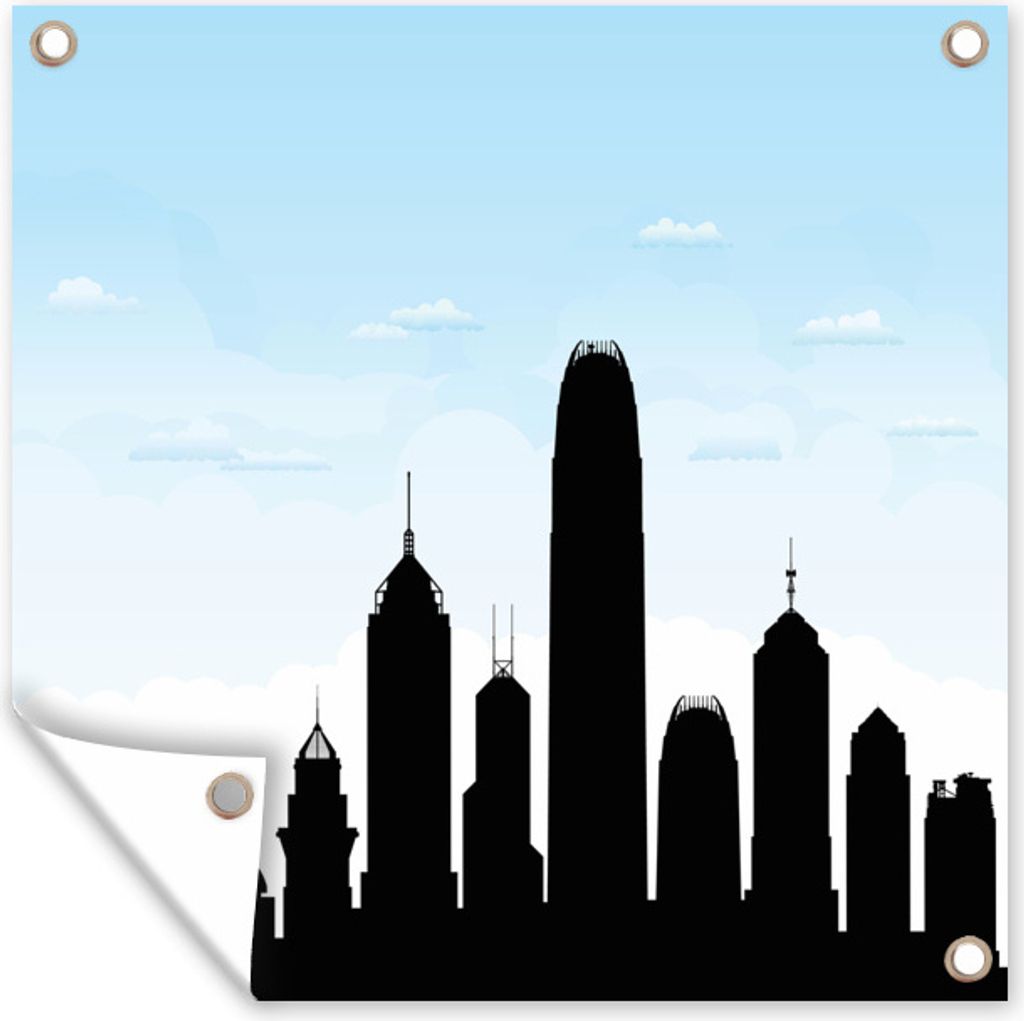 MuchoWow 100x100 cm Outdoor-Poster Gartendeko Sichtschutz Garten Poster für den Garten Illustration der Silhouette von Hongkong unter einem hel...