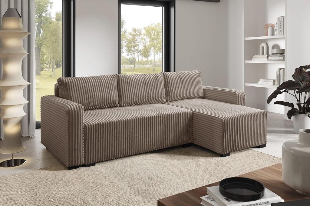LIKMA Braun Ecksofa Cord Tilia 232x145 cm mit Schlaffunktion (200x140 cm) Eckcouch mit Bettkasten Wohnlandschaft mit Bettkasten Cord Bettsofa mit S...