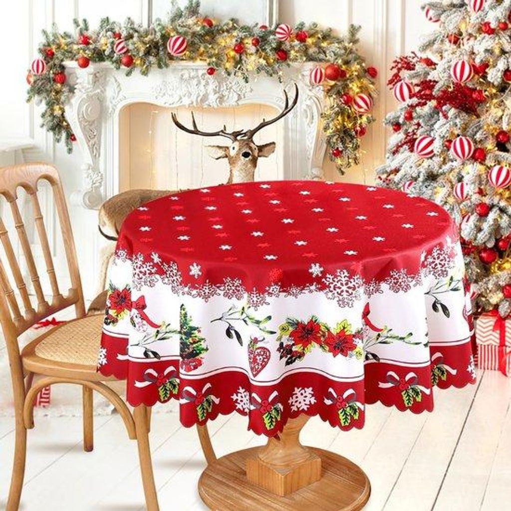 Rundes Weihnachtsdeck - 150 cm - Schneebesen Weihnachtsmann Tischdecke - Weihnachtsdekoration - wasserdichtes Weihnachtsdeck - Blumenmuster für Pi...
