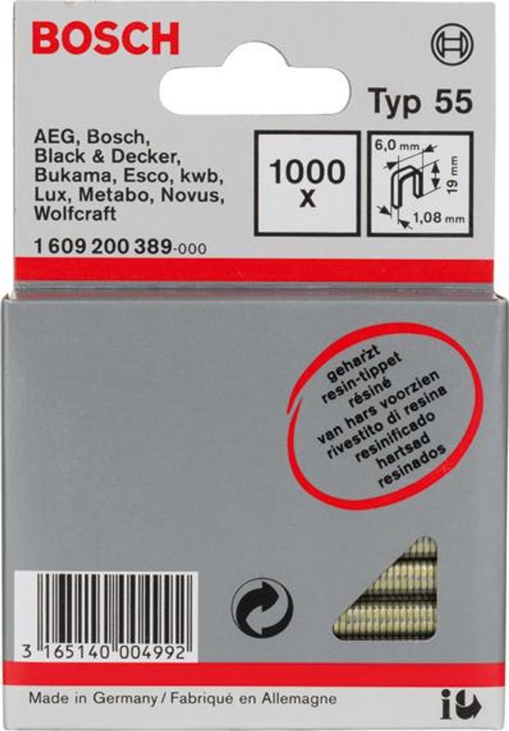 Schmalrückenklammer Typ 55, geharzt 6 x 1,08 x 19 mm, 1000er-Pack