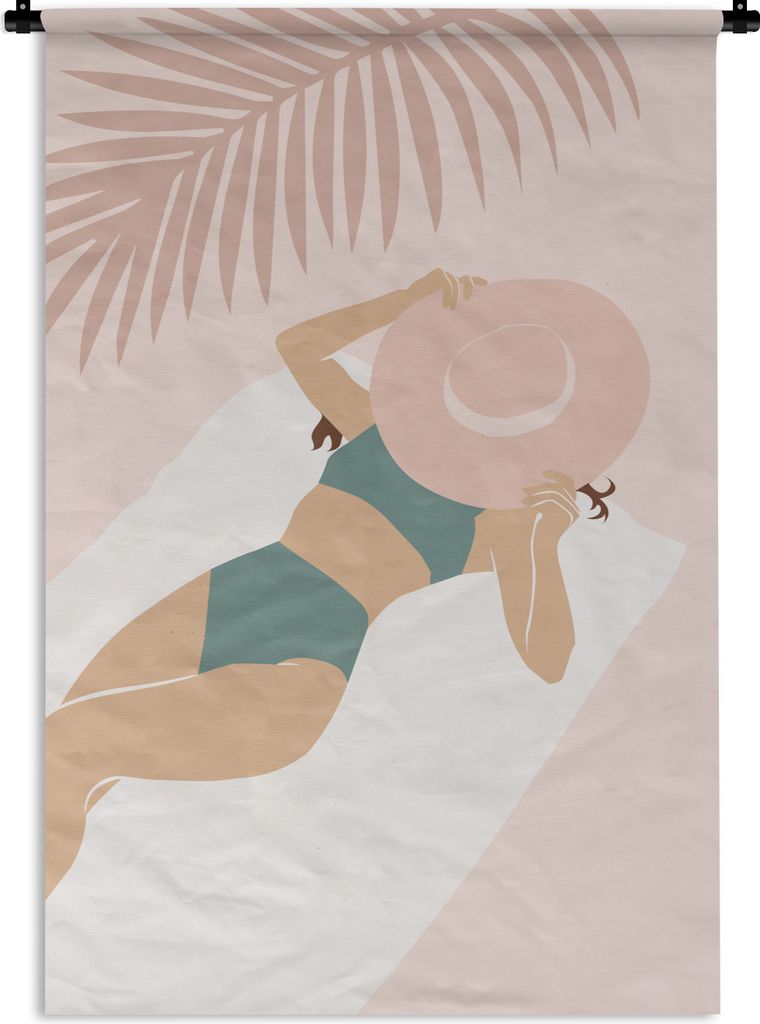 MuchoWow Wandteppich Wandbehang Frau - Hut - Strand 60x90 cm Tapisserie Dekoration Wandtuch - Foto-Teppich - Abwaschbar
