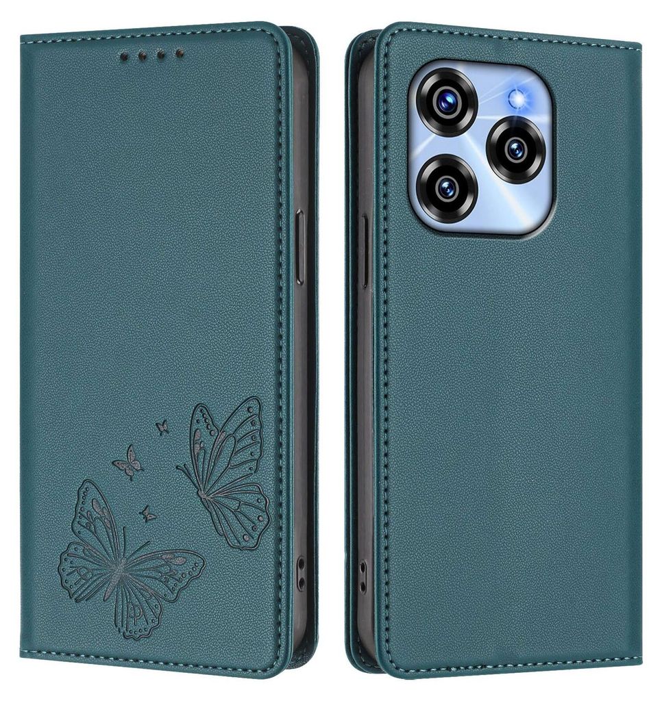 Lederhülle für Oukitel C50, Schmetterling Prägung Leder Brieftasche Schutzhülle mit Ständer Grün