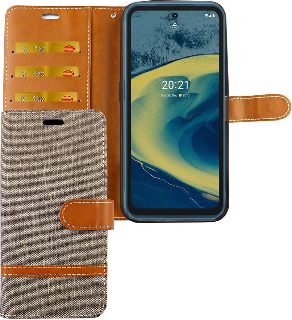 Nokia XR20 Tasche Handy Hülle Schutz-Cover Flip-Case mit Kartenfach, Farbe:Jeans Grau
