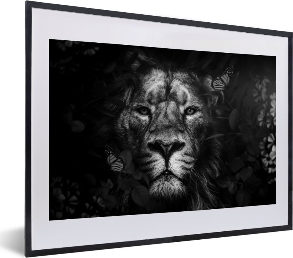 MuchoWow Gerahmtes Poster Löwe mit Schmetterlingen und Blumen im Dschungel - schwarz und weiß 40x30 cm - Poster mit Schwarzem Bilderrahmen Wand...