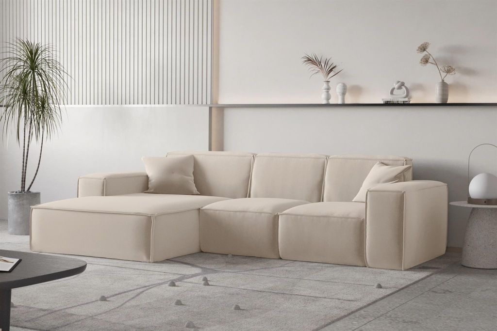 Ecksofa Designersofa CELES PREMIUM Stoff Opera Velvet Sand Ottomane Links