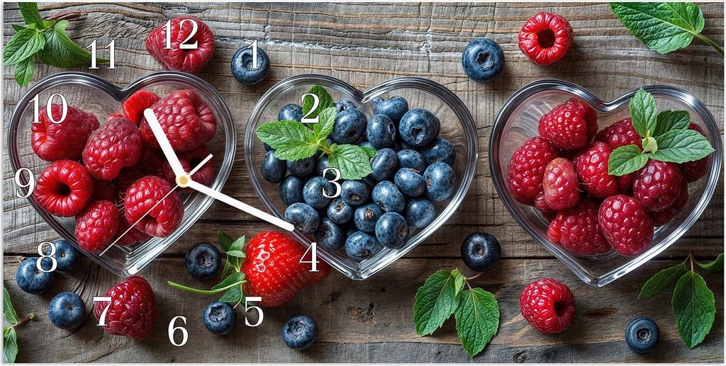 Wanduhr aus Glas mit Motiv Herzschalen Beeren- 60 x 30 cm - Produktbild 