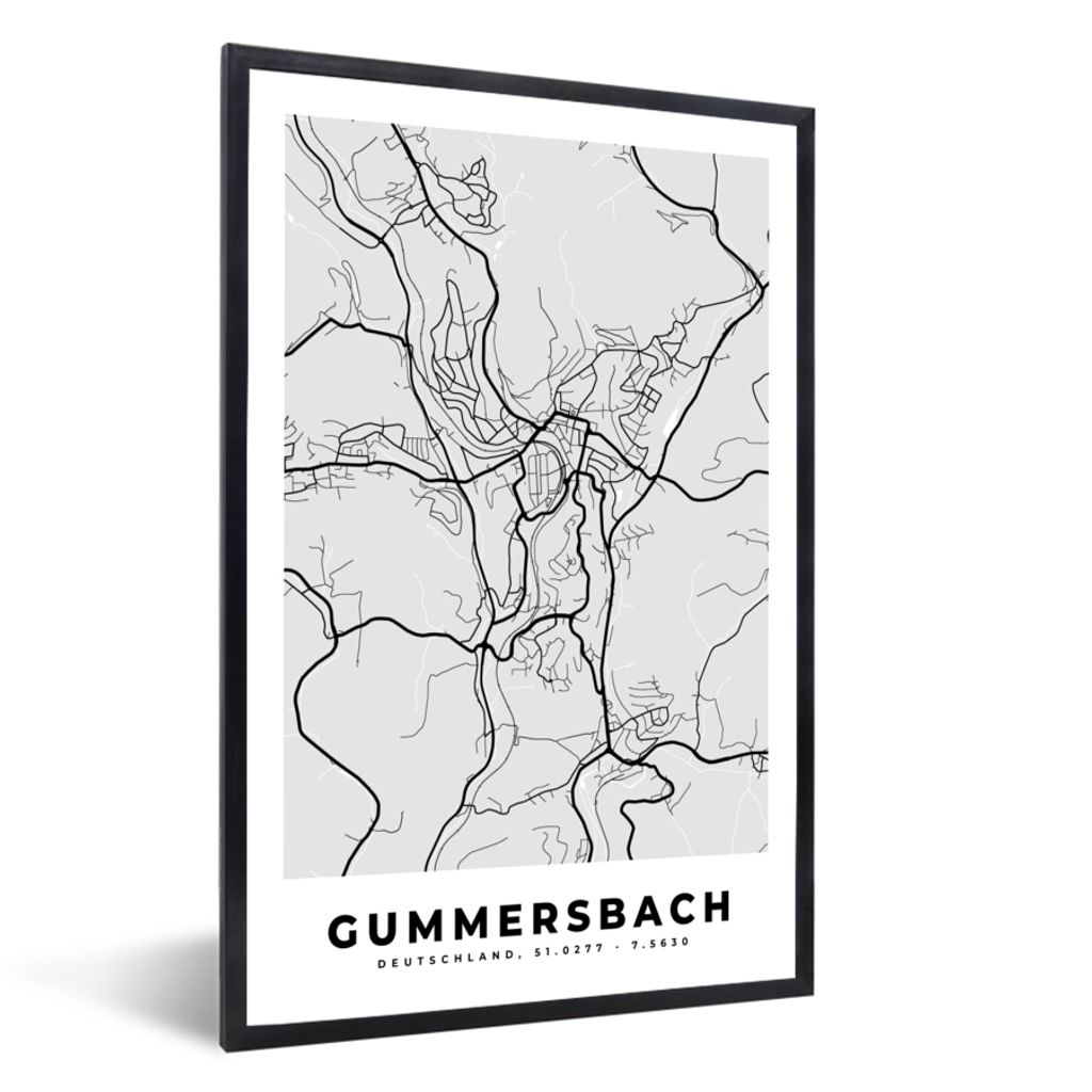 MuchoWow Gerahmtes Poster Gummersbach - Deutschland - Karte - Stadtplan 60x90 cm - Poster mit Schwarzem Bilderrahmen Wandposter Rahmen Foto Bilde...