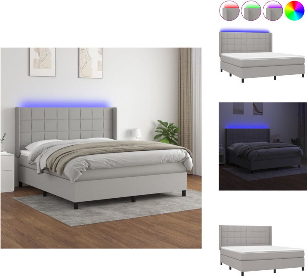 vidaXL Boxspringbett mit Matratze & LED Hellgrau 180x200 cm Stoff - Betten & Bettgestelle