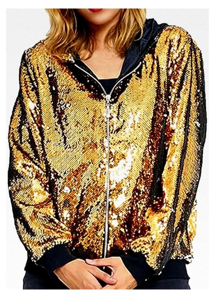 Damen Glitzer Pailletten Jacke Langarm Bomberjacke Fliegenjacke Bikerjacke Outwear