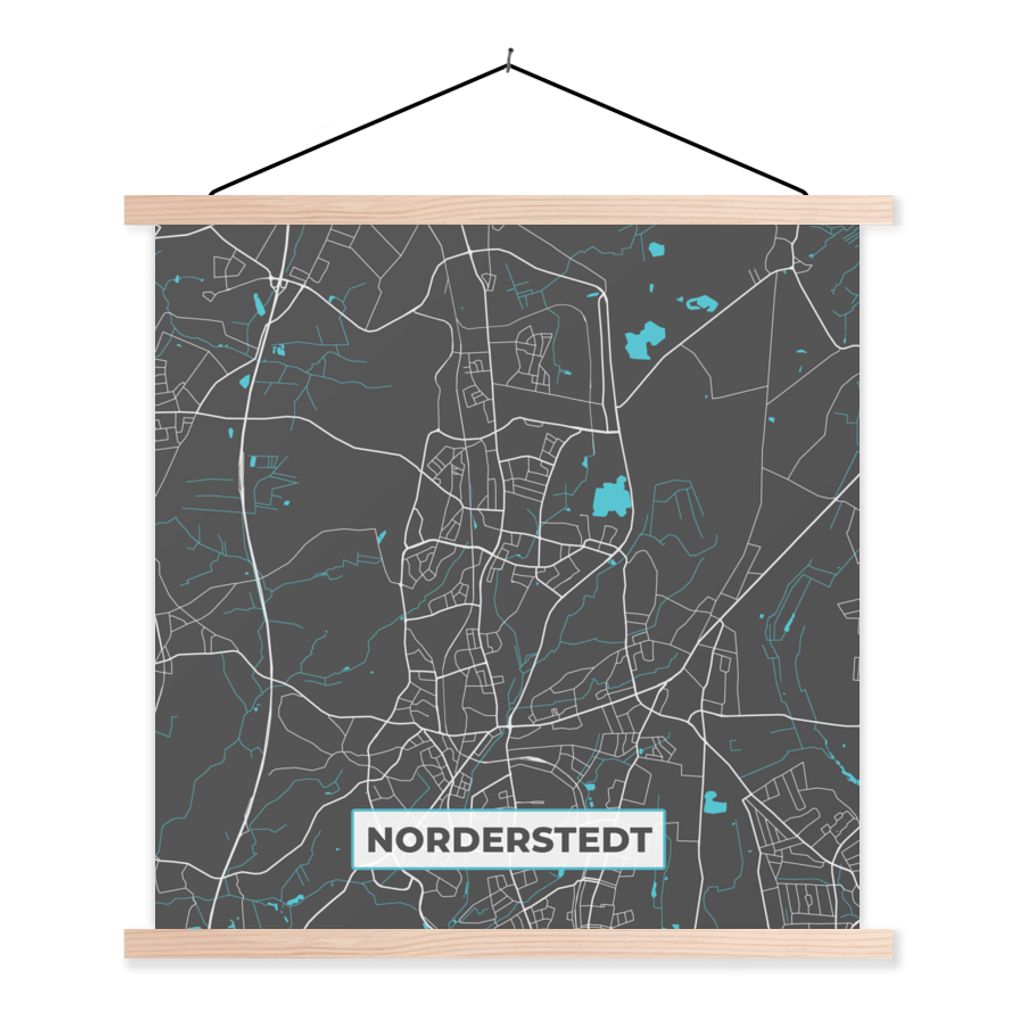 MuchoWow Textilposter Stadtplan - Karte - Norderstedt - Blau - Deutschland - Karte 40x40 cm mit holzfarbenen Rahmen - Posterleiste