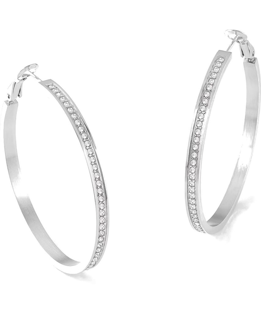A pair of silver hoop earrings with clear stones, displayed on a white background.