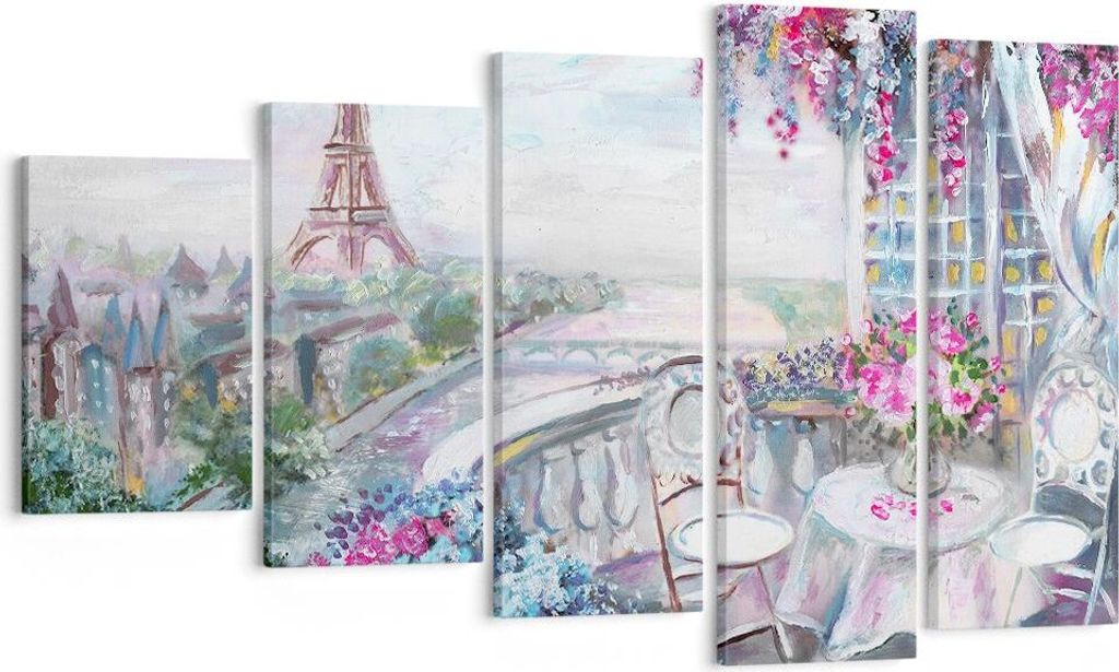 Bild auf Leinwand - Leinwandbild - Blumen Eiffle Architektur Balkon - 100x60cm - Wand Bild - Wanddeko - Leinwanddruck - Bilder - Kunstdruck - Leinw...