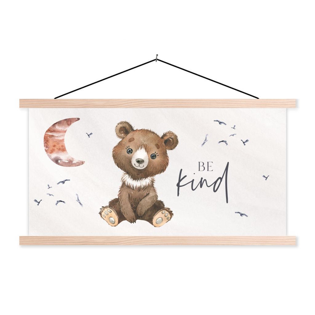 MuchoWow Textilposter Sprichwörter - Kind sein - Kinder - Teddybär - Aquarell 120x60 cm mit holzfarbenen Rahmen - Klemmleiste