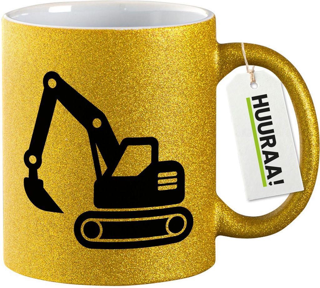 Huuraa Glitzertasse Bagger Baumaschine 330ml Gold Keramik Kaffeebecher Geschenkidee