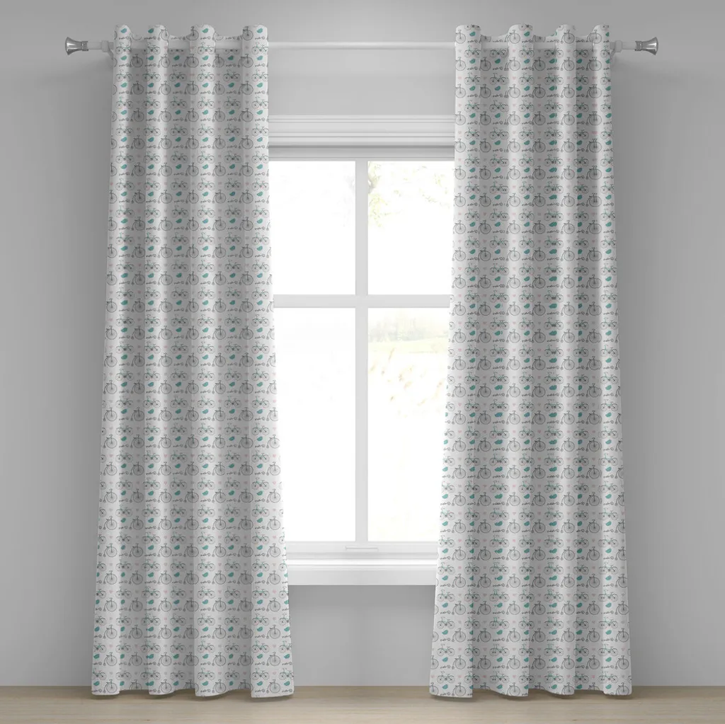 ABAKUHAUS Tenda con occhielli per biciclette, varie dimensioni Biciclette nostalgiche con motivi a cuore e foglie Stile hipster, tende decorative a 2 pannelli per finestre, 280 cm x 225 cm, rosa tenue e blu