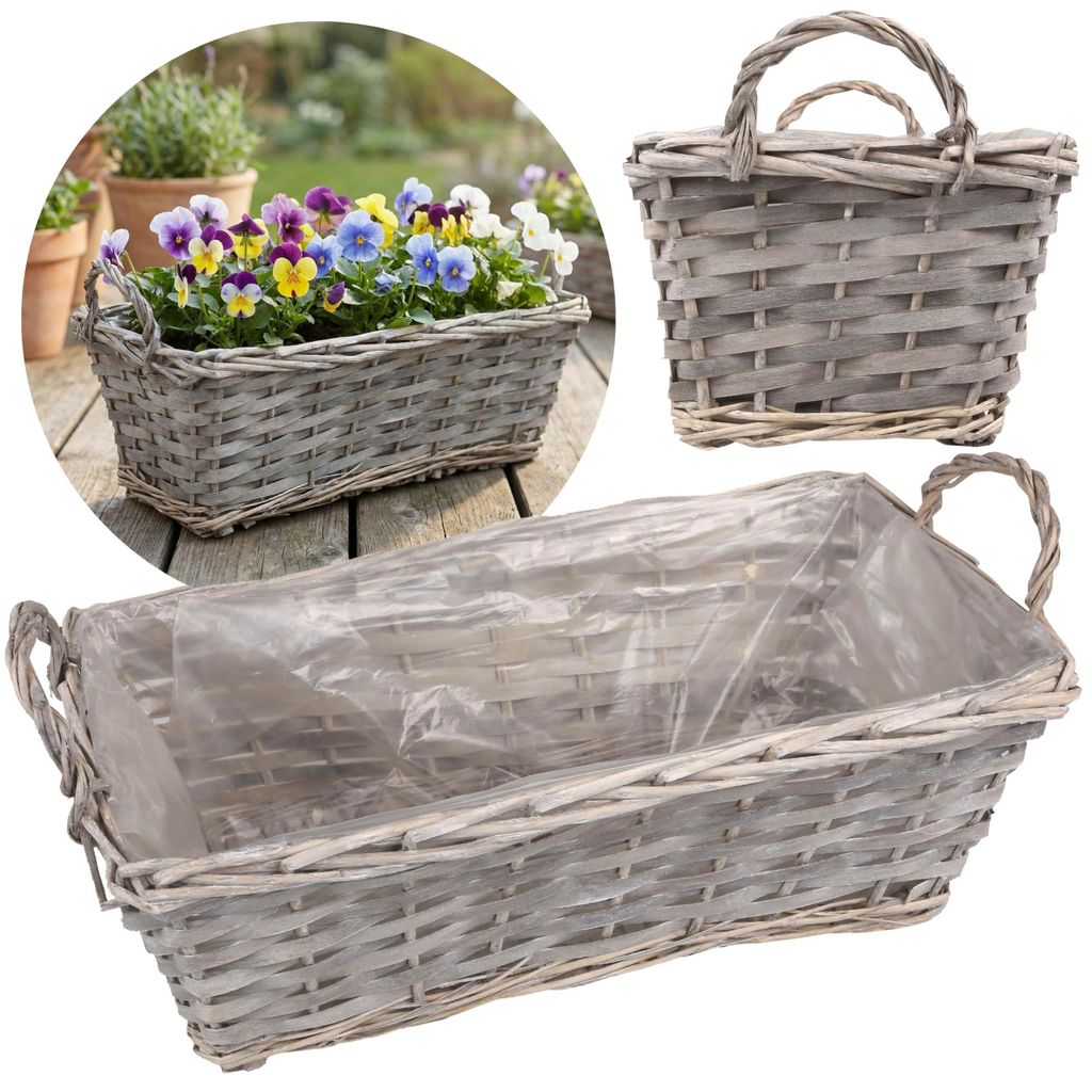 Grauer Weidenkorb mit Folie, Blumentopf mit Griffen, Blumenkasten 38x19x14 cm