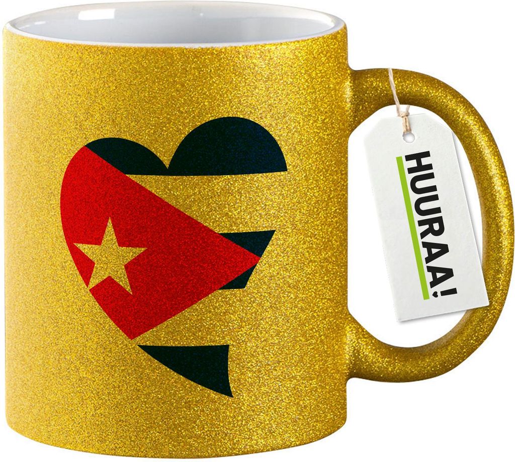 Huuraa Glitzertasse Kuba Flagge Herz 330ml Gold Keramik Kaffeebecher Geschenkidee