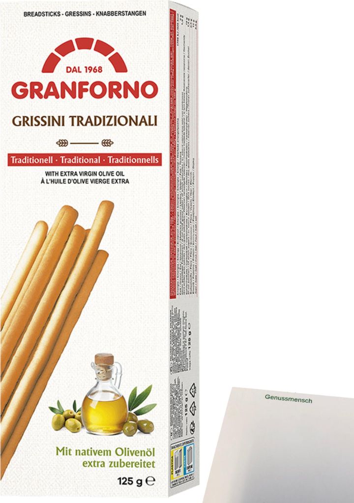 Knusprige Grissini traditionali mit nativem Olivenöl Extra (125g Packung) + usy Block