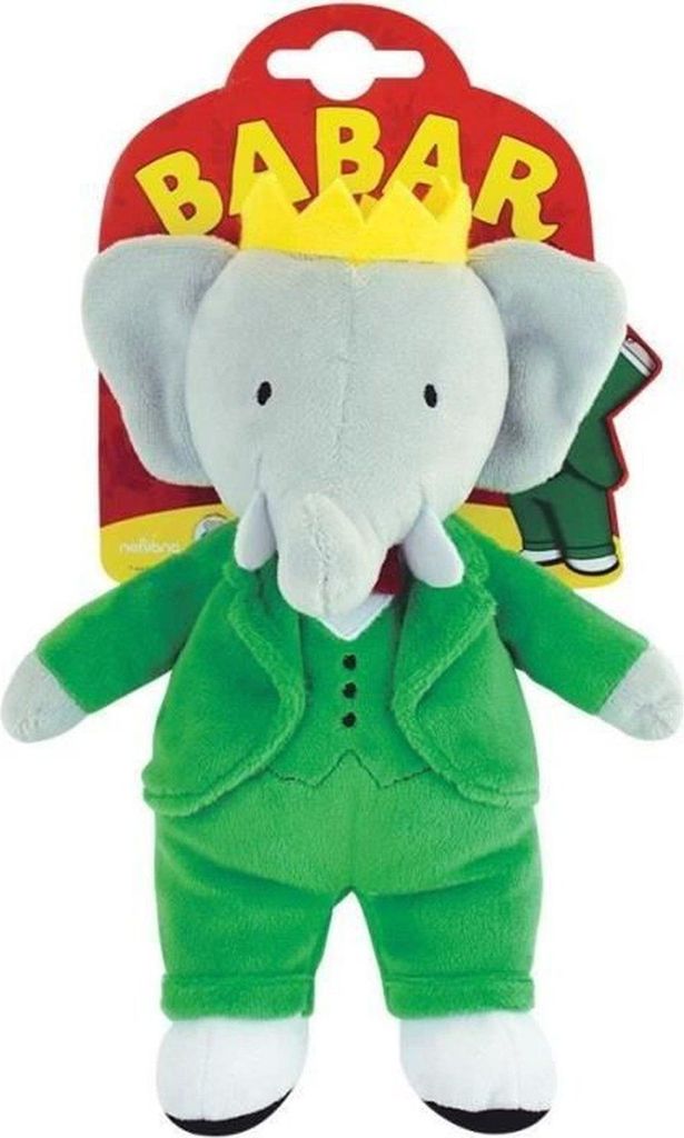 A plush toy of the character Babar the Elephant, wearing a crown and a green suit, displayed on a white background with its packaging.