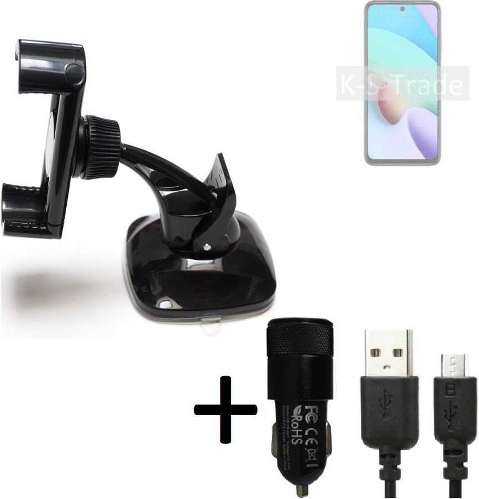 K-S-Trade Halterung kompatibel mit Xiaomi Redmi 10 2022 Windschutzscheibe / Armaturenbrett + LADEGERÄT mit Mico USB Kabel Autohalterung KFZ Halter
